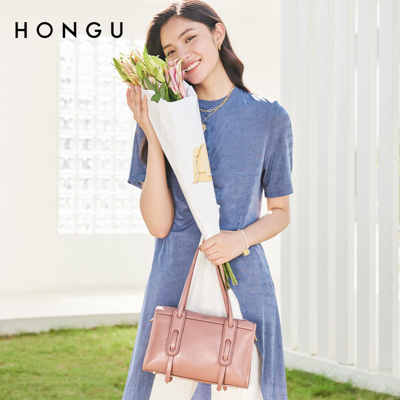 红谷2021新款潮油腊真皮波士顿包 红谷女士包袋