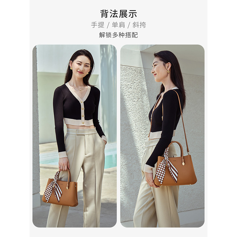红谷女2023新款牛皮单肩丝巾手提包 红谷女士包袋