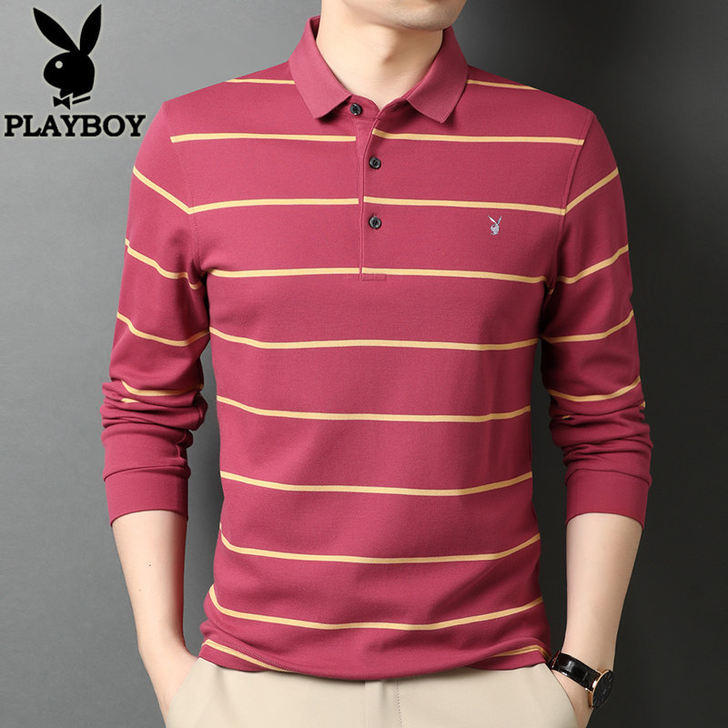 花花公子条纹长袖纯棉秋冬polo衫 家缘服饰T恤
