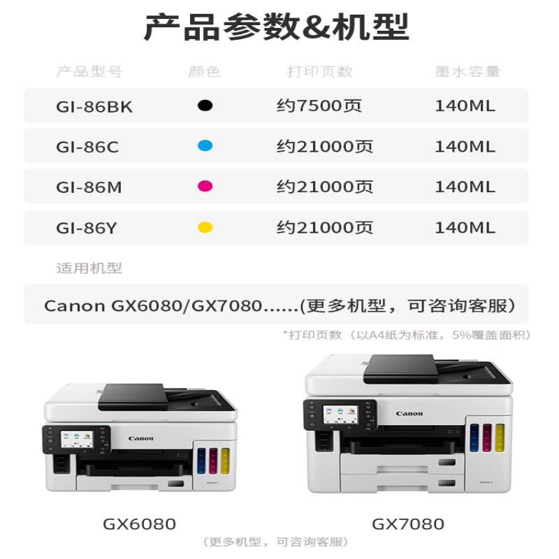 天熙适用佳能GI-86墨水 佳能加墨式高容量商用打印机GX6080 GX7080 墨水GI86黑色青色黄色品红色颜料墨水 - 图1