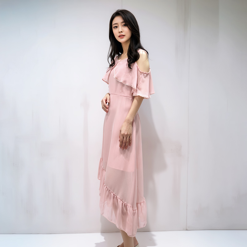 季候风夏季新款通勤荷叶边性感露肩A字裙纯色雪纺连衣裙女02LC175 - 图2