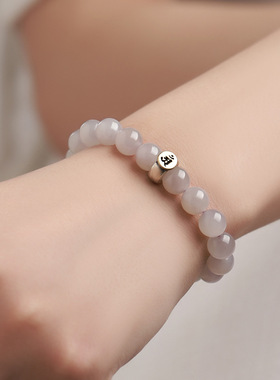 天然烟紫和田玉手串女款S925纯银十二生肖龙本命佛手链烟紫玉散珠