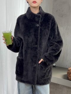 Spanish starman merino fur one-piece soft fur small stand-up collar loose straight mid-length coat for winter women