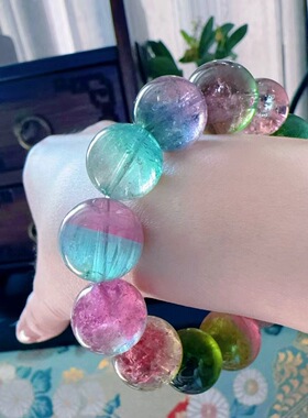 魅晶天然水晶晶体通透塔尖藏品炫彩西瓜碧玺手链