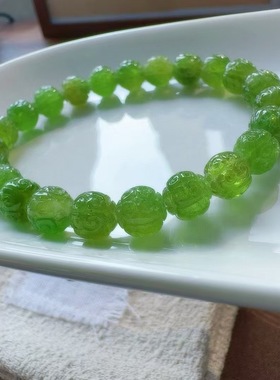 魅晶天然水晶晶体通透阳绿色碧玺雕刻回纹珠手链