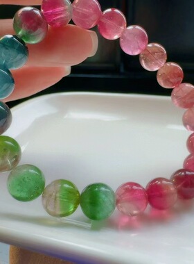 魅晶天然水晶晶体通透多彩红绿交织渐变西瓜碧玺手链