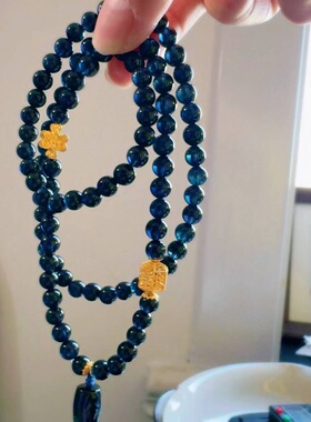 魅晶天然水晶晶体通透塔尖玻璃体深邃宝石蓝碧玺佛珠多圈手链