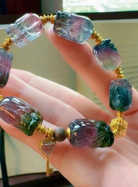 魅晶天然水晶晶体通透紫绿交织西瓜貔貅手链