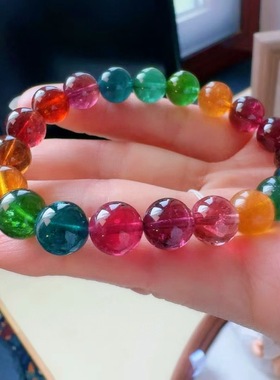 魅晶天然水晶晶体通透浓郁醇厚鸽血色彩虹碧玺手链