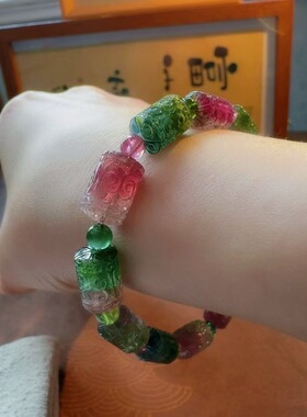 魅晶天然水晶晶体通透红蓝绿多色调西瓜回纹碧玺手链