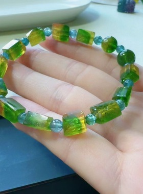 魅晶天然水晶晶体通透黄绿交织碧玺原石手链