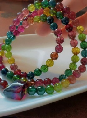 魅晶天然水晶晶体通透水润色标彩虹多圈手链