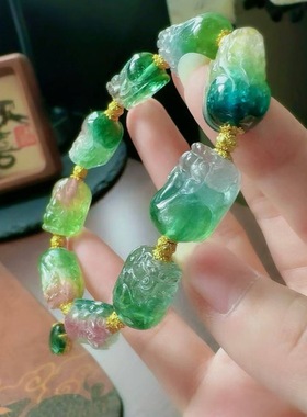 魅晶天然水晶晶体通透帕绿带蓝色调双色交织西瓜碧玺手链