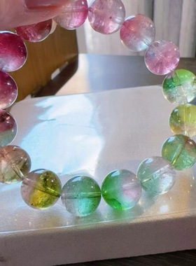 魅晶天然水晶晶体通透粉绿色系西瓜碧玺手链