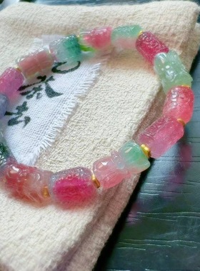 魅晶天然水晶晶体通透水粉色系混搭雕刻西瓜回纹莲花珠手串