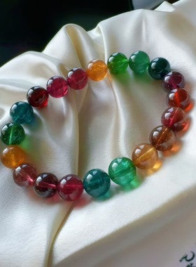 魅晶天然水晶晶体通透浓郁醇厚鸽血色彩虹碧玺手链