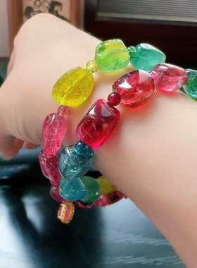 魅晶天然水晶晶体通透绚丽荧光色标碧玺原石双圈手链