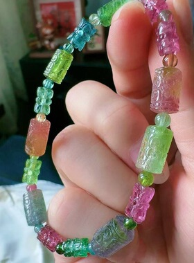 魅晶天然水晶晶体通透西瓜碧玺回文莲花珠手链