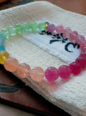 魅晶天然水晶晶体通透雕刻回纹碧玺手链