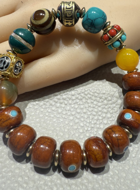 藏式牛骨手串天然牦牛骨尼泊尔铜珠天珠手链骨头文玩佛珠桶珠