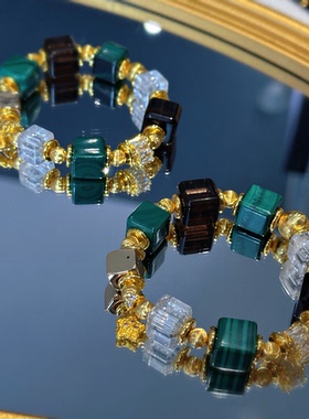 天然白水晶孔雀石方糖多宝手链设计款休闲拼色中古风轻奢时尚高级