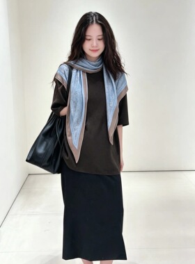 城市街景蓝色+咖啡卷边 羊毛桑蚕丝三角巾围巾披肩125*210cm