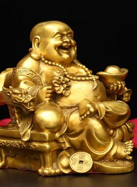 纯铜弥勒佛摆件元宝金钱坐龙椅大肚笑佛家居客厅供奉装饰工艺礼品