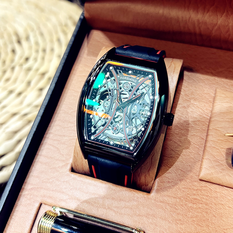 理查硅胶带镂空全自动男夜光机械表 酷林手表国产腕表