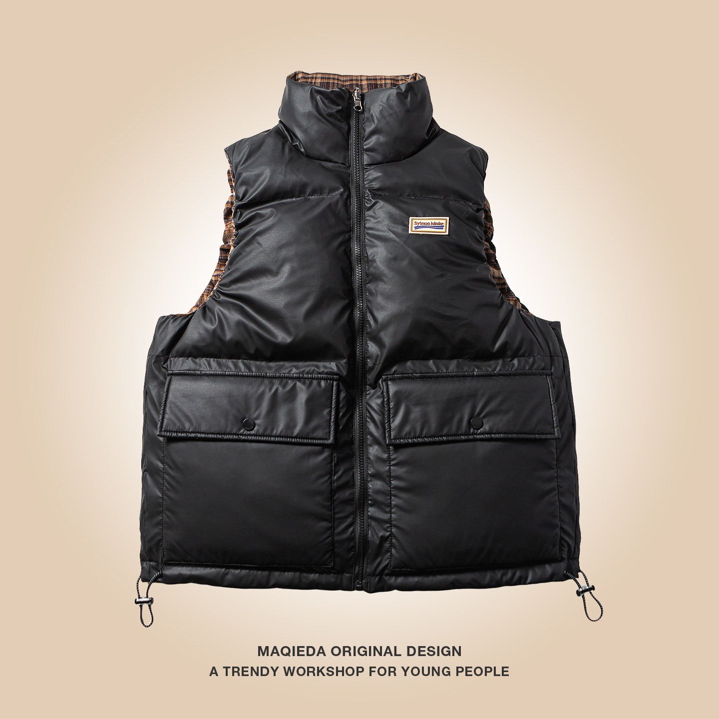 马切达冬季新款双面穿男款马甲无袖外搭保暖棉衣工装美式PU皮外套,淘宝优惠券,粉丝福利购,淘宝优惠卷