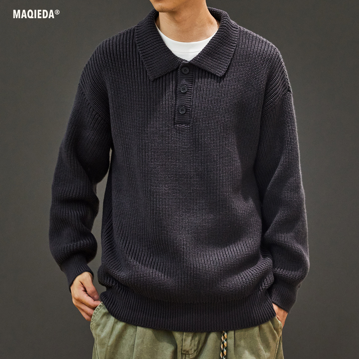 马切达秋季日系纯色休闲polo衫男士翻领百搭针织衫秋冬保暖毛衣潮,淘宝优惠券,粉丝福利购,淘宝优惠卷