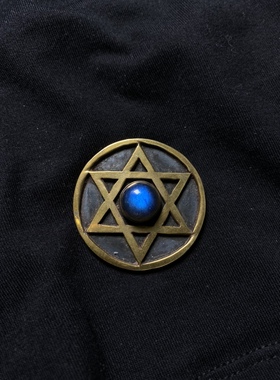 印度尼泊尔手工银饰项链吊坠 纯银镶嵌天然拉长石六角星芒 扑克牌