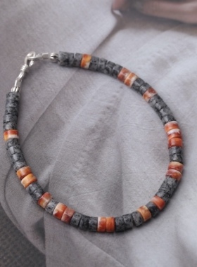 原创手工手链天然海菊贝多刺牡蛎隔片手串复古民族风男女款黑闪石