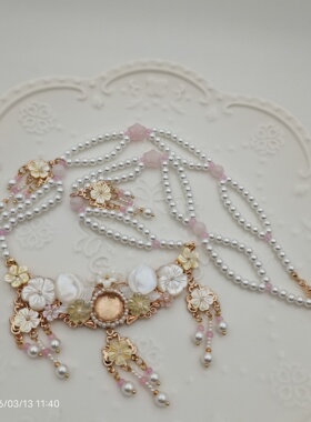 闲时原创汉服配饰古风渐变蝶贝仿珍珠流苏软璎珞项链百搭日常款铜