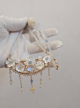 闲时原创汉服配饰古风蝶贝海蓝宝玉石流苏软璎珞项链百搭日常款铜