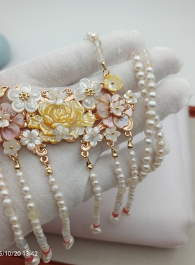 闲时原创汉服配饰淡水珍珠玉石蝶贝流苏软璎珞项链铜镀金保色日常