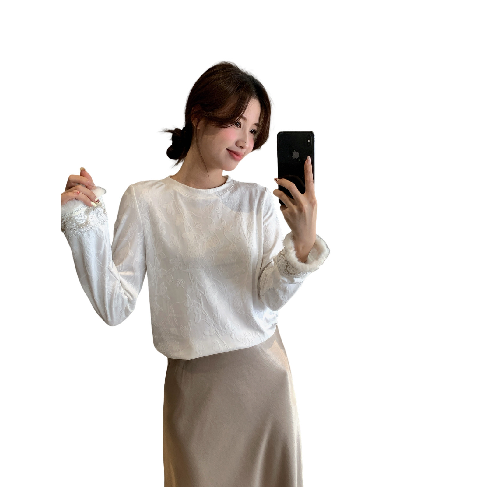 MSTUDIO漫莎-穿珠刺绣拼毛袖口磨毛加厚钩花国风新中式百搭打底衫,淘宝优惠券,粉丝福利购,淘宝优惠卷