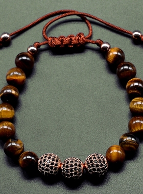 新款欧美时尚个性黄色虎眼石搭配钛钢锆石手链可调节男女情侣礼物