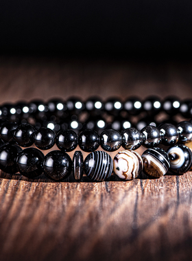 MorooKi原创 2件套黑色条纹玛瑙潮男款简约小众设计复古手串