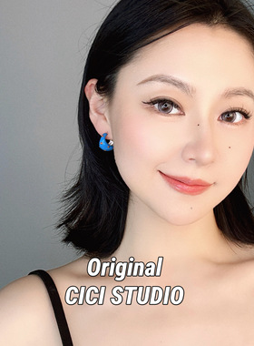 CICI STUDIO小众精工多巴胺蓝色波点滴釉波点半圈耳环女耳钉耳饰
