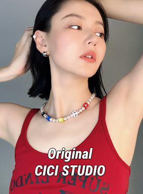 CICI STUDIO小众马里奥方块珍珠项链女个性甜美多巴胺精工颈链女