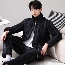 Mens Pajamas Winter Gushed Thickened Coral Flannel Triple Clip Cotton 2023 New Winter Warm Home Suit Suit