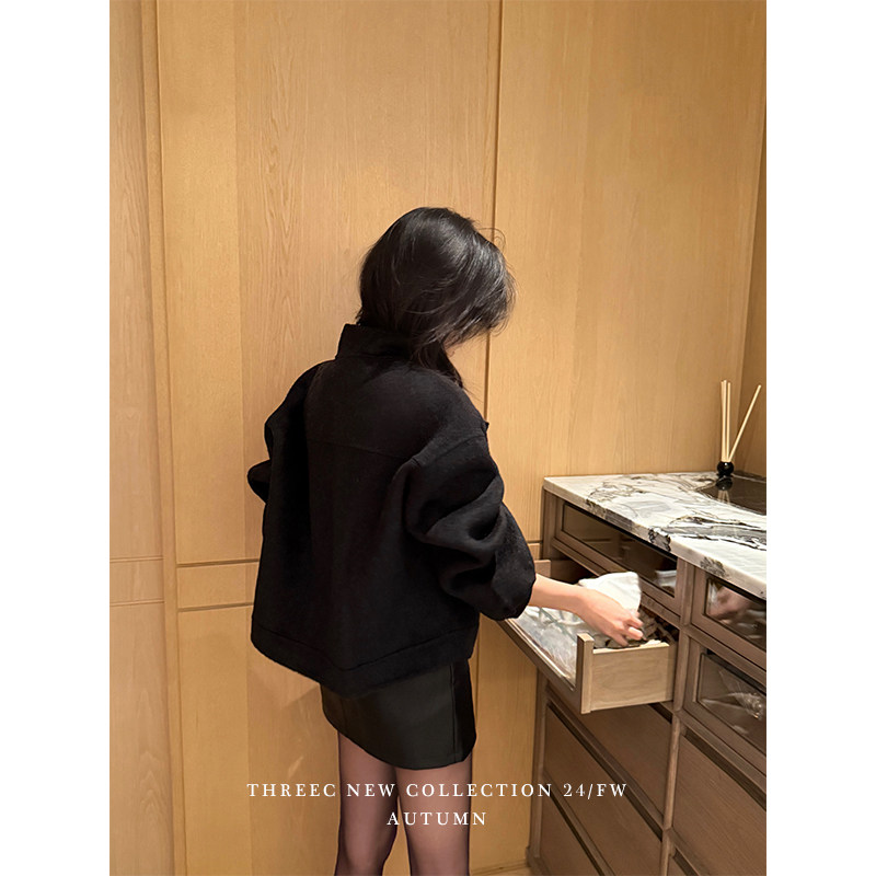 三喜threec 本期推极简特色 小版型双面羊绒外套女老钱风短款夹克,淘宝优惠券,粉丝福利购,淘宝优惠卷