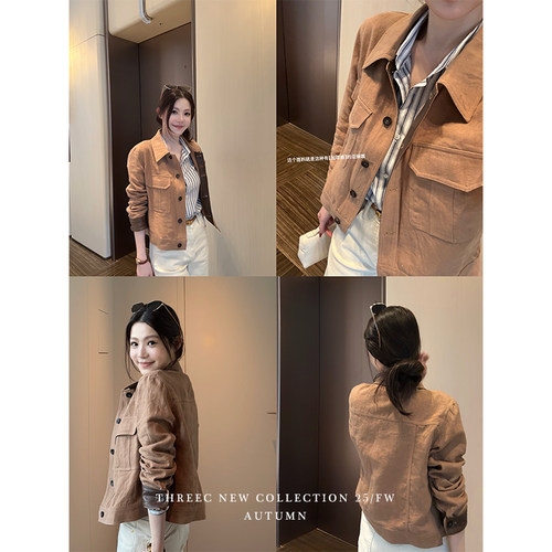 三喜threec “巴塞知秋”100%亚麻拼皮亚麻复古老钱夹克外套女秋 - 图2