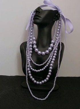 小公主~甜美多层紫色珍珠蝴蝶结项链女款法式千金感锁骨链毛衣链