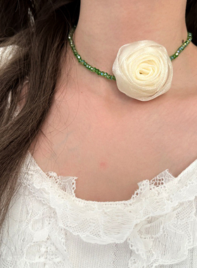 网纱玫瑰花串珠项链女款适合夏天戴的锁骨链日常百搭小众设计颈链