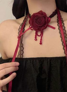 暗夜红玫瑰花cos装扮荆棘chocker颈链蝴蝶结水晶飘带项链晚会配饰