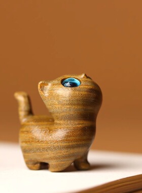 绿檀木雕好奇小猫动物创意木质可爱猫咪文玩手把件生日小礼物