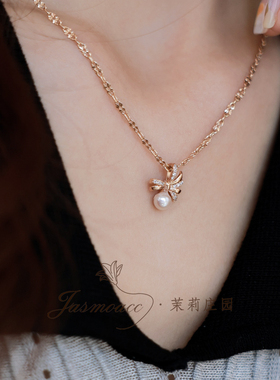 气质蝴蝶结天然珍珠项链锁骨链