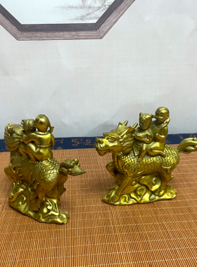 纯铜麒麟送子摆件一对卧室客厅家居办公室黄铜工艺品店铺开业礼品