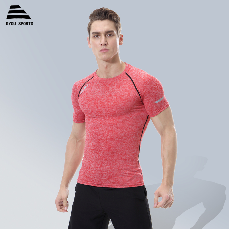 Quick drying tight fitting men's sports summer basketball short sleeved set sweat absorbing fitness suit top elastic running training t-shirt